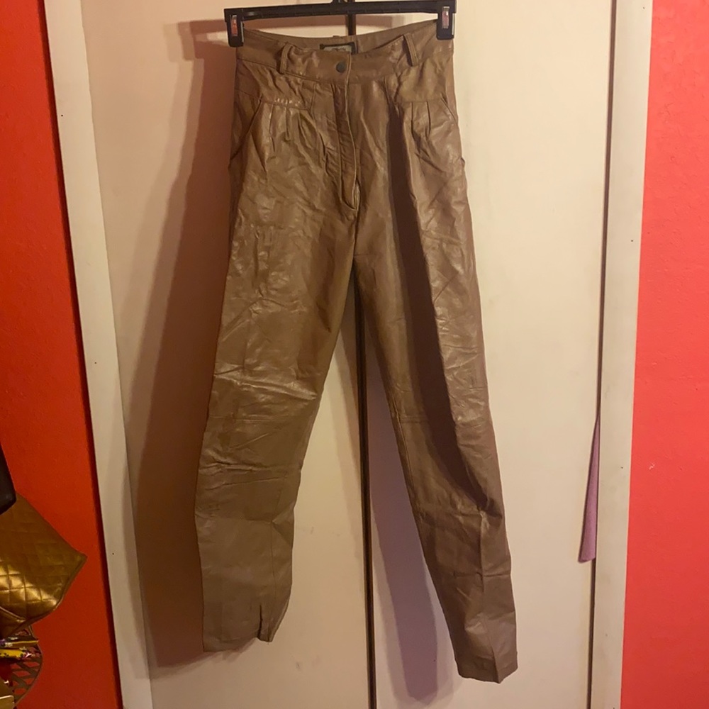 Tan, slim-cut leather pants